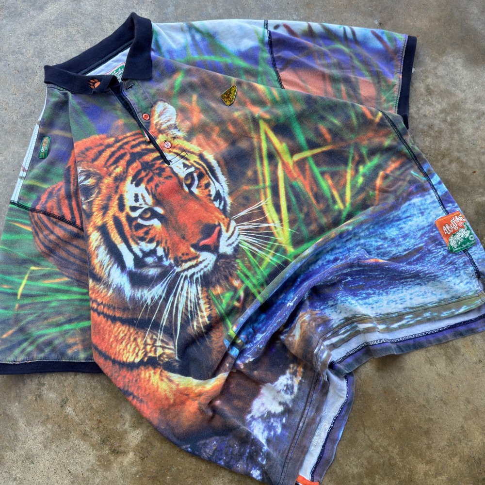 RARE Y2K Akademics AOP Tiger Nature Polo Shirt Multicolor XL (L2)